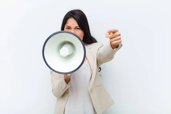 Young Hispanic Pretty Woman Megaphone — Stock Photo, Image