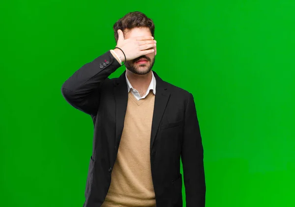 Young Businessman Covering Eyes One Hand Feeling Scared Anxious Wondering — Stock Photo, Image