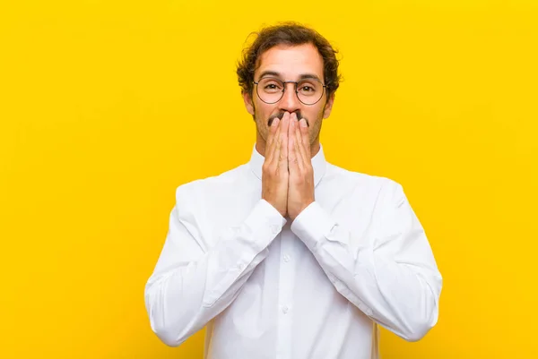 Young Handsome Man Happy Excited Surprised Amazed Covering Mouth Hands — Stock Photo, Image