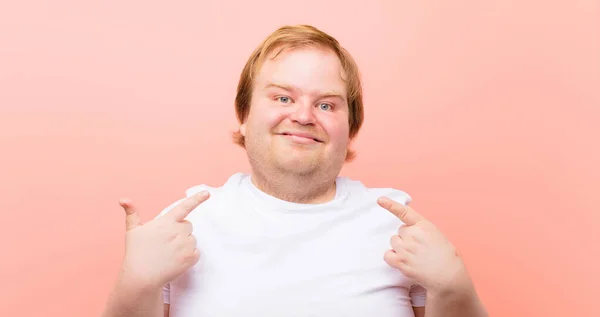 Young Big Size Man Smiling Confidently Pointing Own Broad Smile — Stock Photo, Image