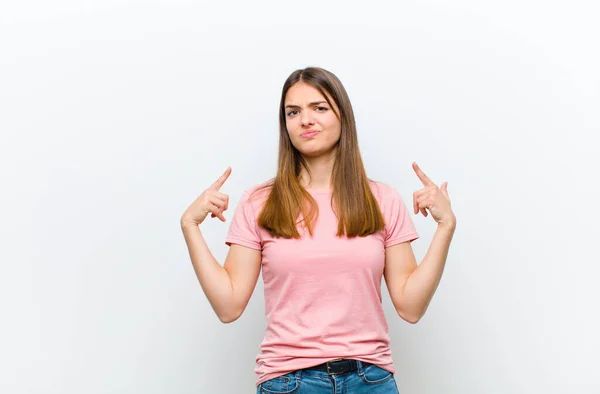 Young Pretty Woman Bad Attitude Looking Proud Aggressive Pointing Upwards — Stock Photo, Image