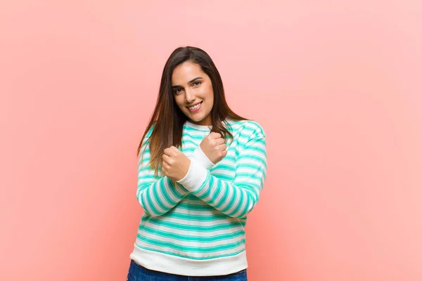 Young Pretty Hispanic Woman Smiling Cheerfully Celebrating Fists Clenched Arms — Stock Photo, Image