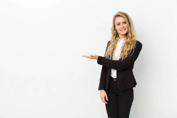 Young Blonde Woman Smiling Cheerfully Feeling Happy Showing Concept Copy — Stock Photo, Image