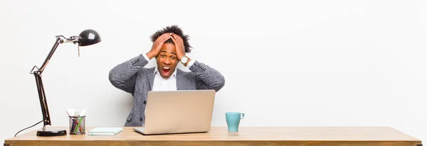 Young Black Businessman Raising Hands Head Open Mouthed Feeling Extremely — Stock Photo, Image