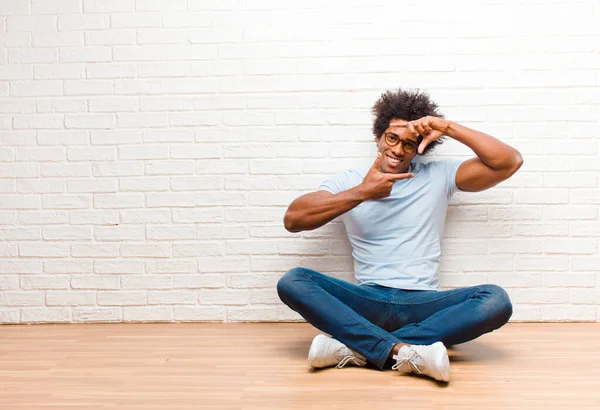 Young Black Man Feeling Happy Friendly Positive Smiling Making Portrait — Stock Photo, Image