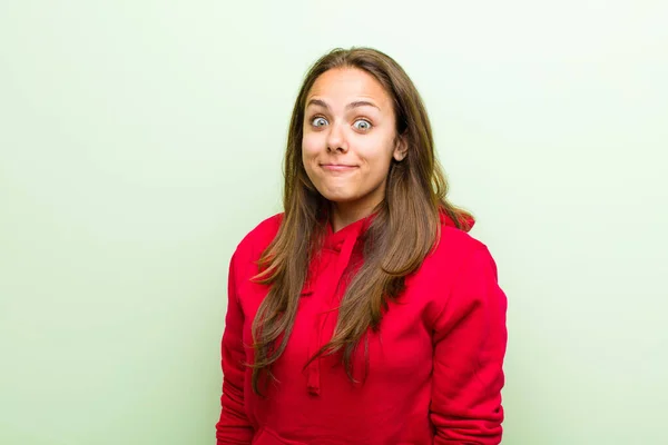 Young Woman Goofy Crazy Surprised Expression Puffing Cheeks Feeling Stuffed — Stock Photo, Image