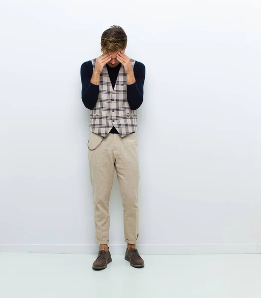 Young Full Body Man Looking Stressed Frustrated Working Pressure Headache — Stock Photo, Image