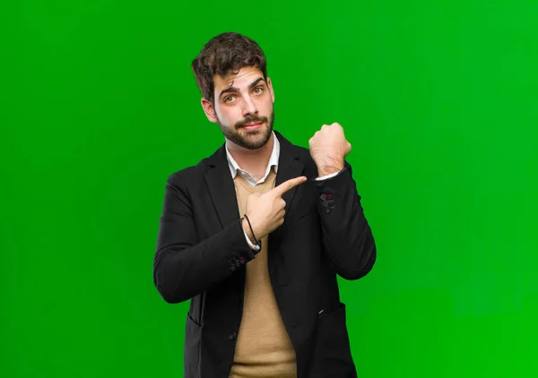 Young Businessman Looking Impatient Angry Pointing Watch Asking Punctuality Wants — Stock Photo, Image