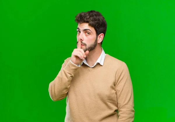 Young Businessman Asking Silence Quiet Gesturing Finger Front Mouth Saying — Stock Photo, Image