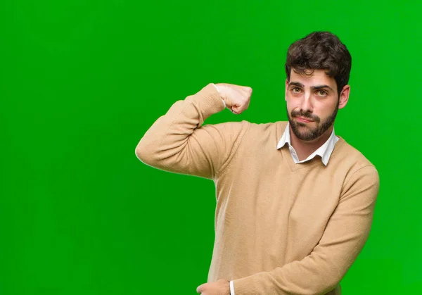 Young Businessman Feeling Happy Satisfied Powerful Flexing Fit Muscular Biceps — Stock Photo, Image