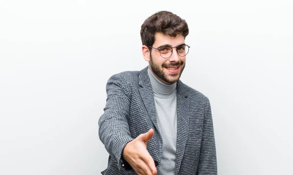 Young Manager Man Smiling Looking Happy Confident Friendly Offering Handshake — Stock Photo, Image