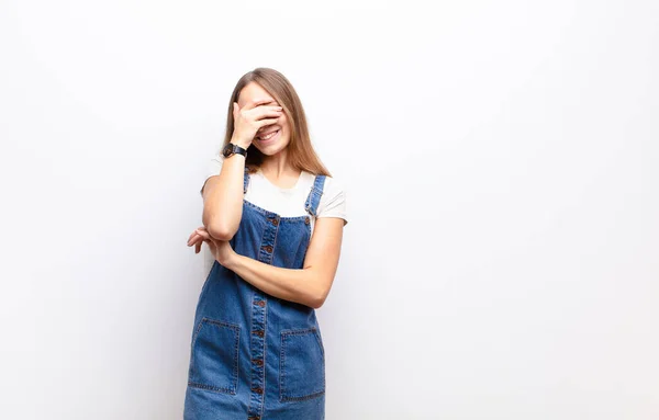 Young Pretty Woman Looking Stressed Ashamed Upset Headache Covering Face — Stock Photo, Image