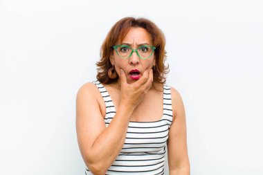 Orta yaşlı, ağzı ve gözleri açık ve eli çenesinde olan güzel bir kadın. Hoş olmayan bir şok geçiriyor. Beyaz duvara karşı ne söylüyor ya da vay be diyor.