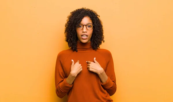 Young Pretty Black Woman Pointing Self Confused Quizzical Look Shocked — Stockfoto