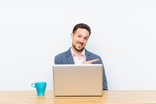 Young Handsome Businessman Looking Excited Surprised Pointing Side Upwards Copy — Stock Photo, Image