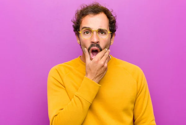 Young Handsome Man Mouth Eyes Wide Open Hand Chin Feeling — Stock Photo, Image