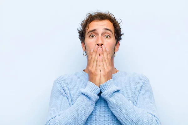 Young Handsome Man Feeling Worried Upset Scared Covering Mouth Hands — Stock Photo, Image
