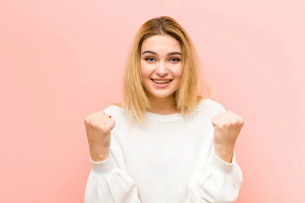 Young Pretty Blonde Woman Shouting Triumphantly Laughing Feeling Happy Excited — Stock Photo, Image