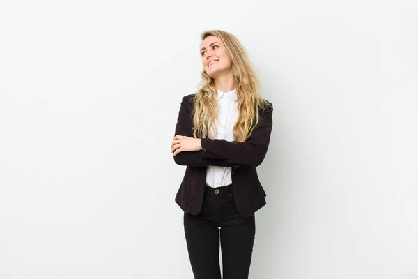 Young Blonde Woman Feeling Happy Proud Hopeful Wondering Thinking Looking — Stock Photo, Image