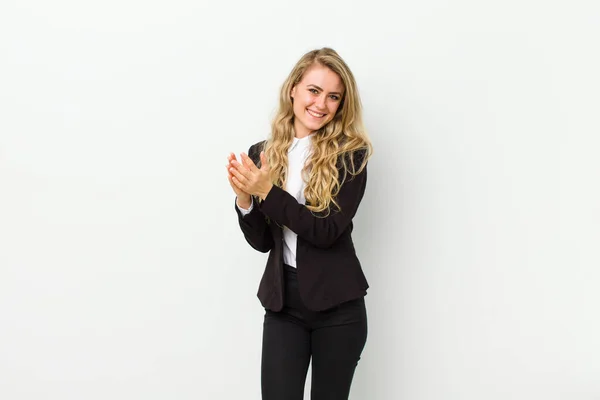 Young Blonde Woman Smiling Looking Friendly Showing Number One First — Stock Photo, Image