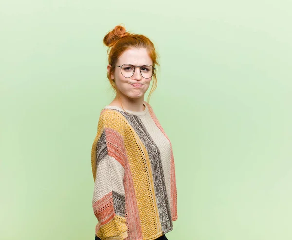 Young Pretty Red Head Woman Goofy Crazy Surprised Expression Puffing — Stock Photo, Image