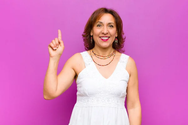 Middle Age Woman Smiling Cheerfully Happily Pointing Upwards One Hand — Stock Photo, Image