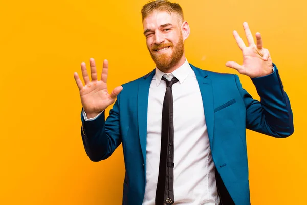 Young Red Head Businessman Smiling Looking Friendly Showing Number Nine — Stock Photo, Image