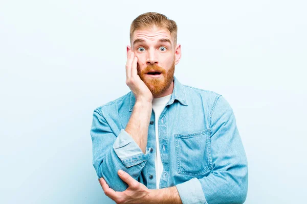 Young Red Head Man Open Mouthed Shock Disbelief Hand Cheek — Stock Photo, Image