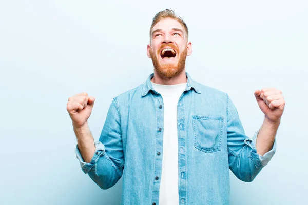 Young Red Head Man Looking Extremely Happy Surprised Celebrating Success — Stock Photo, Image