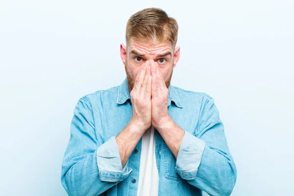 Young Red Head Man Feeling Worried Upset Scared Covering Mouth — Stock Photo, Image