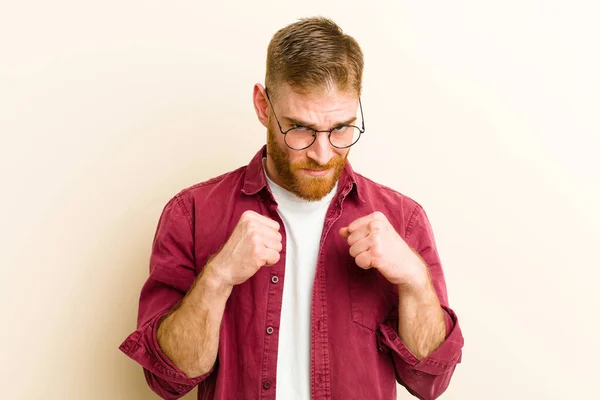 Young Red Head Man Looking Confident Angry Strong Aggressive Fists — 图库照片