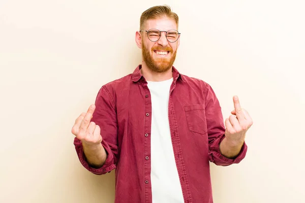 Young Red Head Man Feeling Provocative Aggressive Obscene Flipping Middle — Stock Photo, Image
