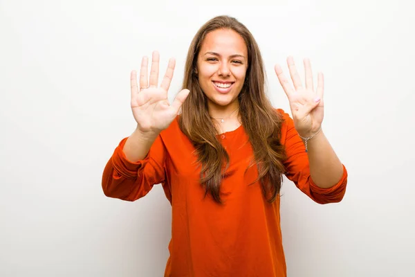 Young Woman Smiling Looking Friendly Showing Number Nine Ninth Hand — Stock Photo, Image
