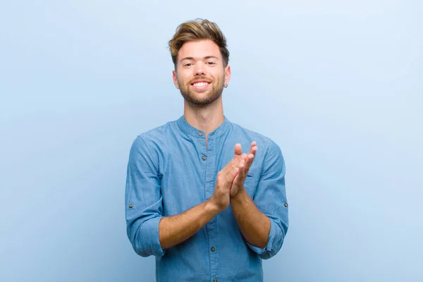 Young Businessman Feeling Happy Successful Smiling Clapping Hands Saying Congratulations — Stock Photo, Image