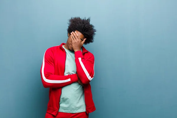 Young Black Sports Man Looking Stressed Ashamed Upset Headache Covering — Stock Photo, Image