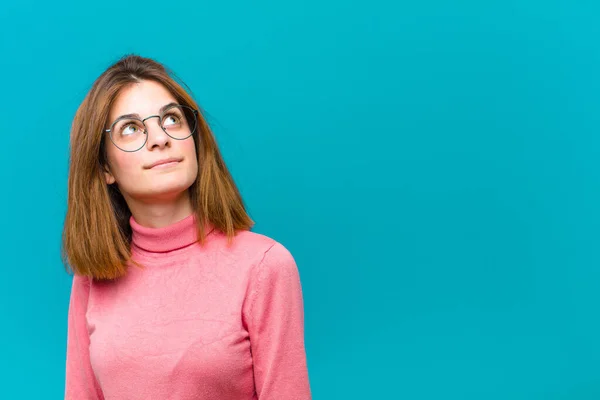 Young Pretty Woman Worried Confused Clueless Expression Looking Copy Space — Stock Photo, Image