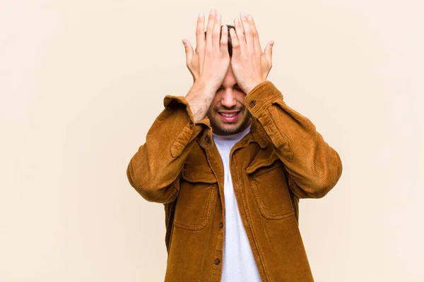 Young Hispanic Man Feeling Stressed Anxious Depressed Frustrated Headache Raising — ストック写真