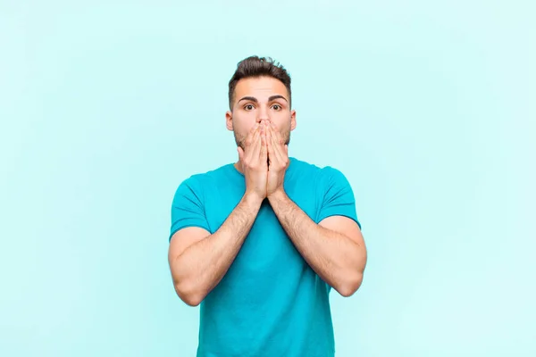 Young Hispanic Man Feeling Worried Upset Scared Covering Mouth Hands — Stock Photo, Image