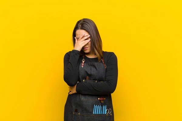 Hairdresser Woman Looking Stressed Ashamed Upset Headache Covering Face Hand — ストック写真