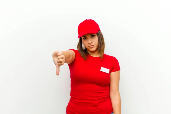 Delivery Woman Feeling Cross Angry Annoyed Disappointed Displeased Showing Thumbs — Stock Photo, Image