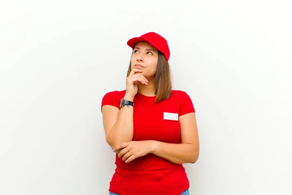 Delivery Woman Feeling Thoughtful Wondering Imagining Ideas Daydreaming Looking Copy — Stock Photo, Image