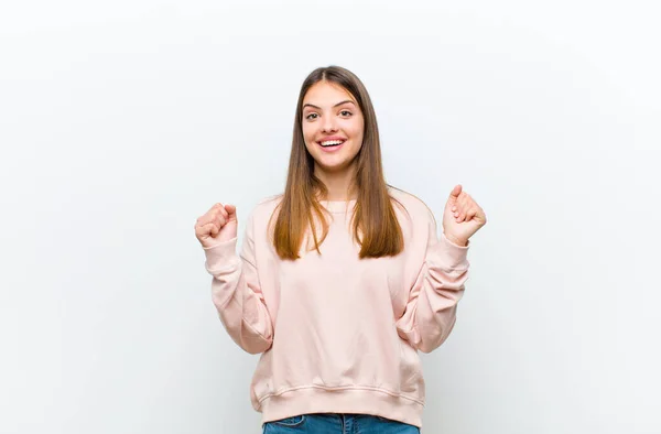 Young Pretty Woman Feeling Shocked Excited Happy Laughing Celebrating Success — Stock Photo, Image