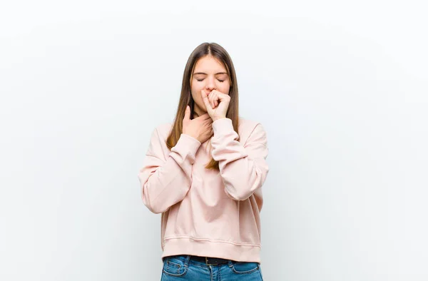 Young Pretty Woman Feeling Ill Sore Throat Flu Symptoms Coughing — Stock Photo, Image