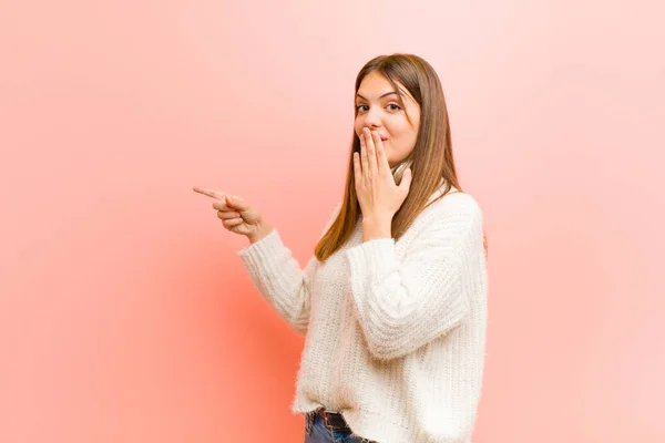Young Pretty Woman Feeling Happy Shocked Surprised Covering Mouth Hand — Stock Photo, Image