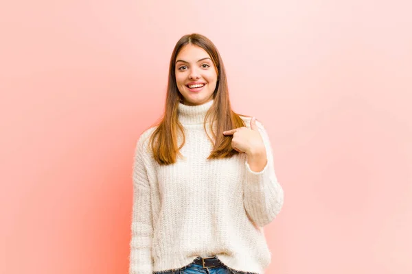 Young Pretty Woman Looking Happy Proud Surprised Cheerfully Pointing Self — Stock Photo, Image