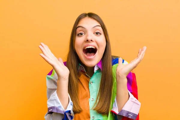 Young Pretty Woman Feeling Shocked Excited Laughing Amazed Happy Because — Stock Photo, Image