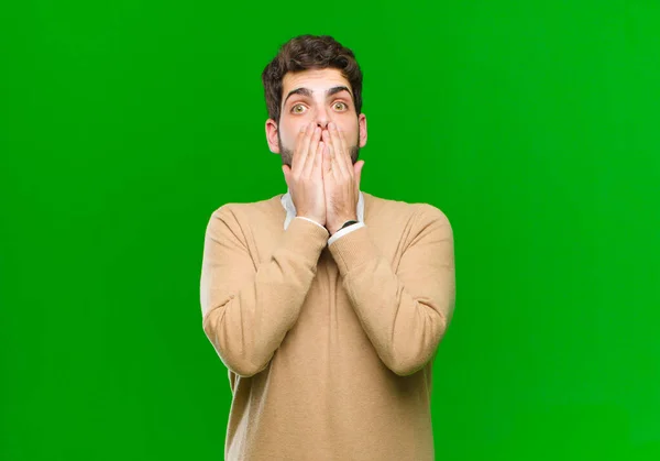 Young Businessman Feeling Worried Upset Scared Covering Mouth Hands Looking — Stock Photo, Image