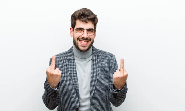 Young Manager Man Feeling Provocative Aggressive Obscene Flipping Middle Finger — Stock Photo, Image