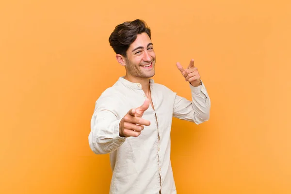 Young Handsome Man Feeling Happy Confident Pointing Camera Both Hands — Stock Photo, Image