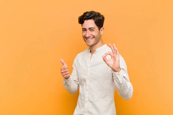 Young Handsome Man Feeling Happy Amazed Satisfied Surprised Showing Okay — Stock Photo, Image